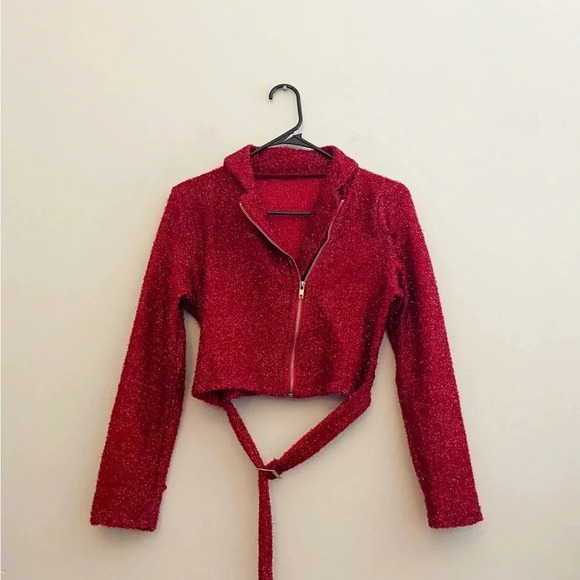 Red metallic fuzzy 2 piece set holiday part Christmas datenight small mini skirt - Picture 5 of 6